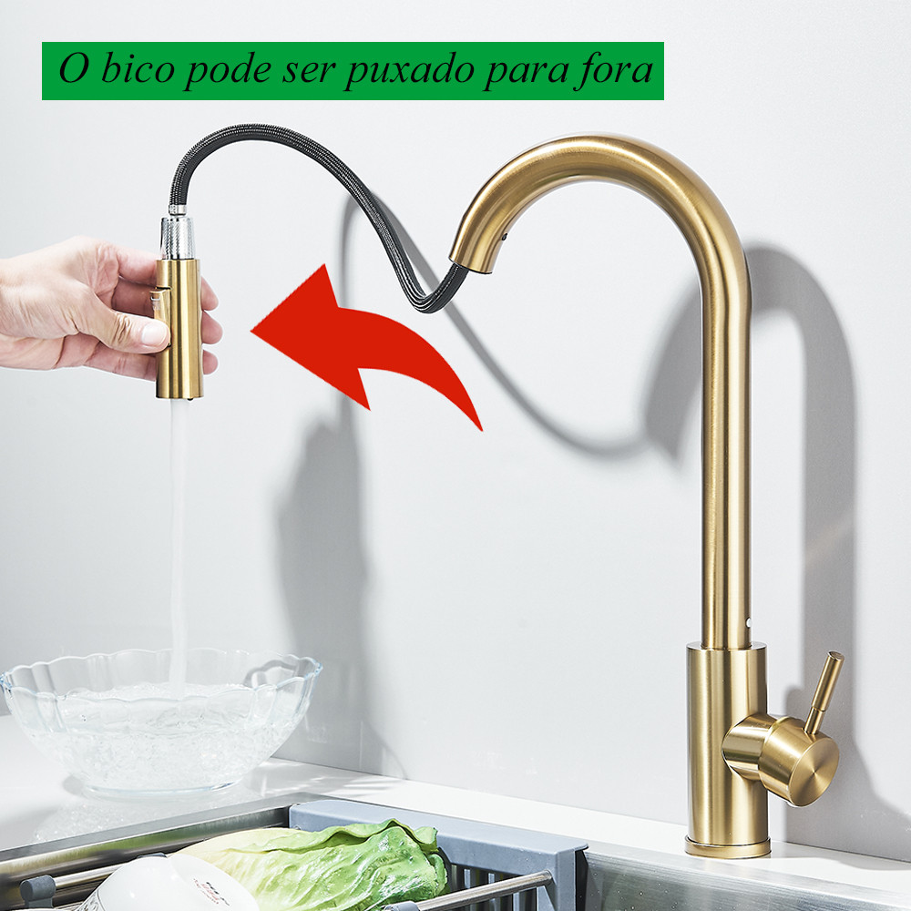 Torneira Cozinha Bancada Gourmet Extensível Misturador Inox Cor Ouro escovado Flexível Misturador
