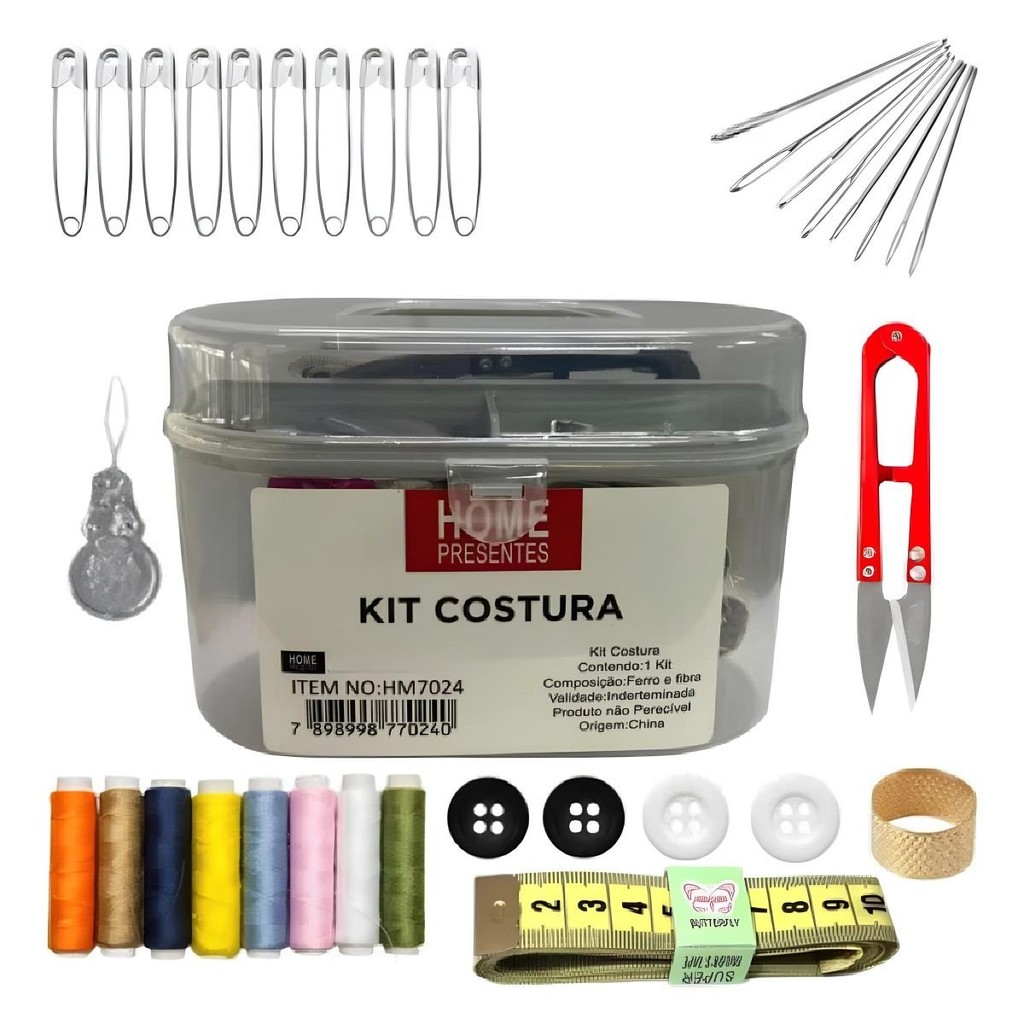 Kit Costura Maleta 50 Peças Completo Com Linhas Agulhas Fita Tesoura Para Reparo