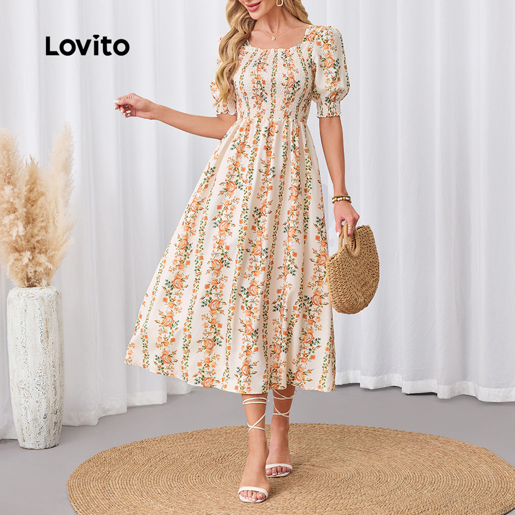 Lovito Vestido Casual Floral Smocked Vestido De Verão/Primavera Para Mulheres LBL23683 - Women Clothes