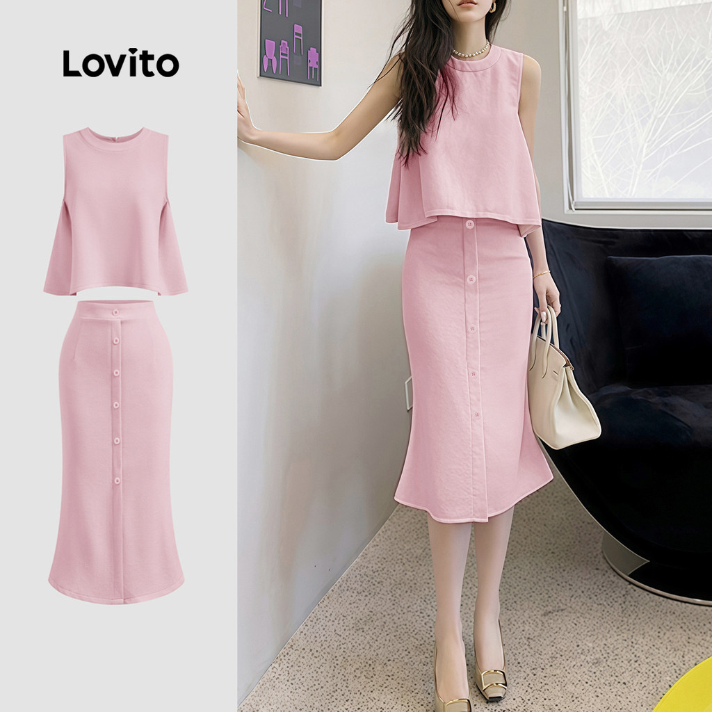 Lovito Conjuntos De Saia Casual Plissado Verão/Primavera Conjuntos De Saia Para Mulheres L128ED435 - Women Clothes