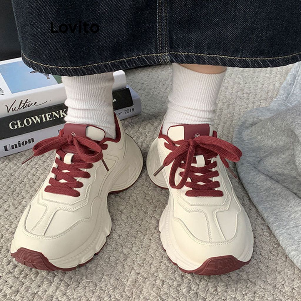 Detalhes do (Trendy) Lovito Esporte simples branco simples na moda pai sapatos tênis para mulher  LFA59283