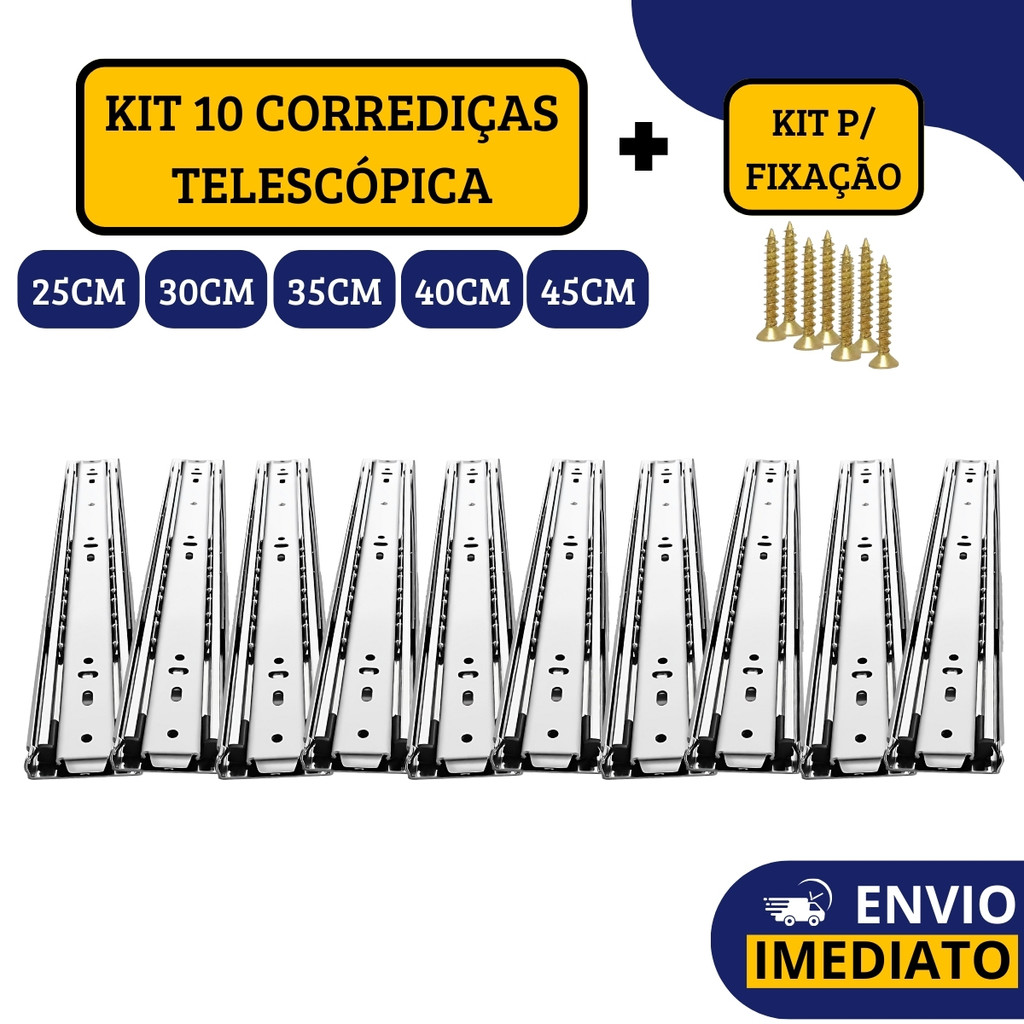 Kit 10 Corrediças Gaveta Trilho Telescópica Light COM Parafusos | 25cm - 30cm - 35cm - 40cm - 45cm em Oferta na Shopee
