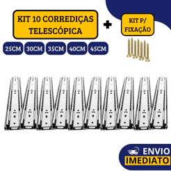 Kit 10 Corrediças Gaveta Trilho Telescópica Light COM Parafusos | 25cm - 30cm - 35cm - 40cm - 45cm