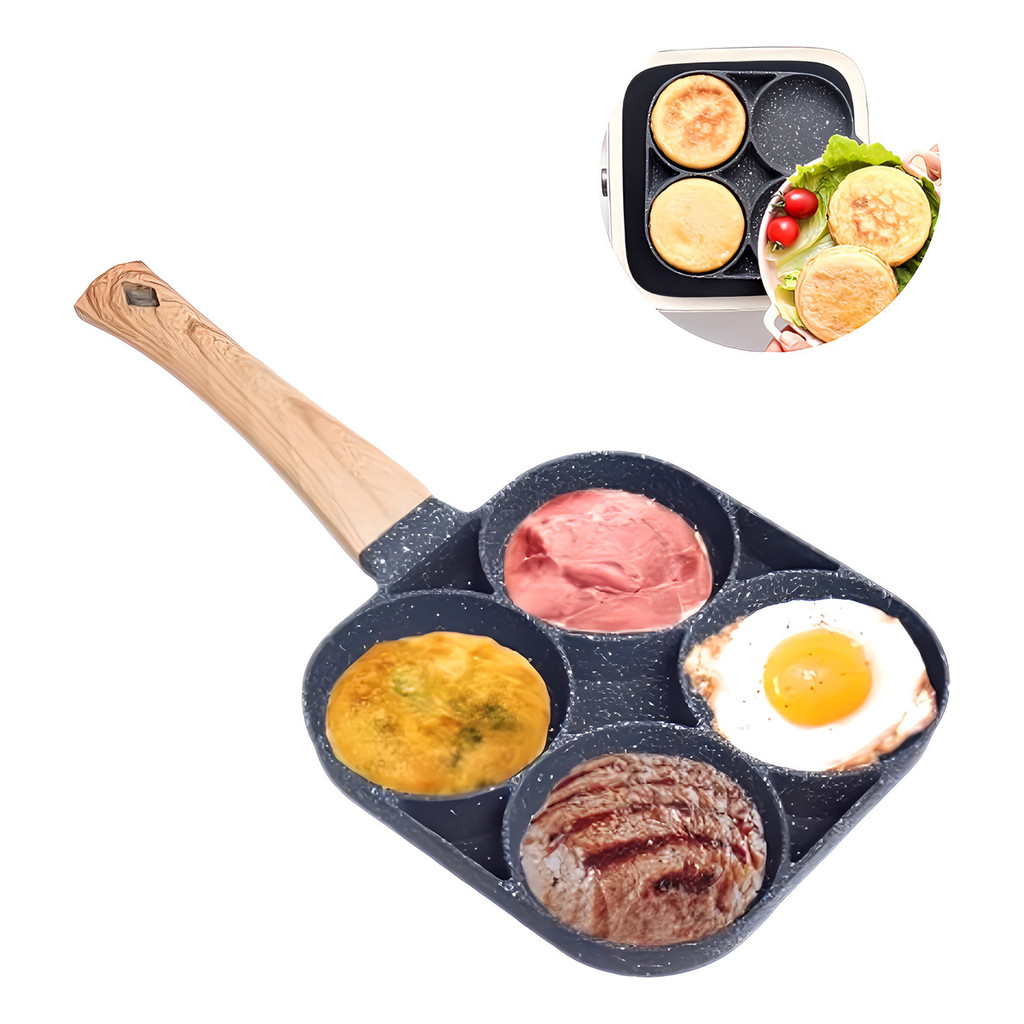 Frigideira Antiaderente 4 Partes Ovo Hambúrguer Alça Madeira Cor Cinza
