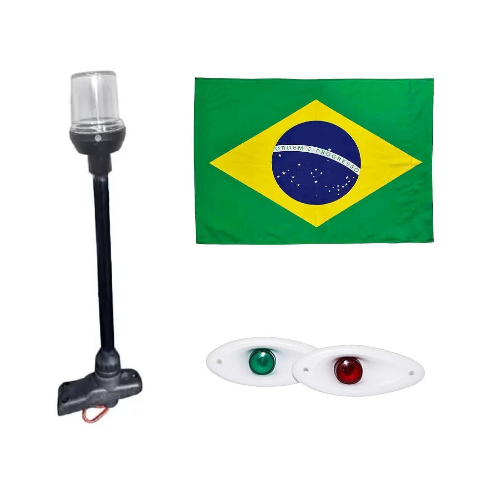 Kit Olho Tubarão Led em ABS Branco + Mastro Estrobo Led Alcançado Fundeio Retrátil Preto + Bandeira do Brasil - Barco