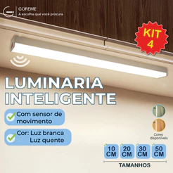 kit4 Smart Luminária Inteligente Ultra LED com sensor de movimento sem fio e Recarregável USB fino barra 10/20/30/50cm