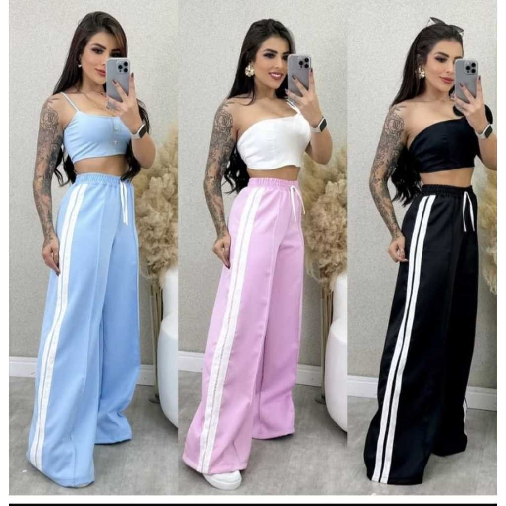 Calça pantalona feminina trackpants wida leg listra lateral larga em Oferta na Shopee