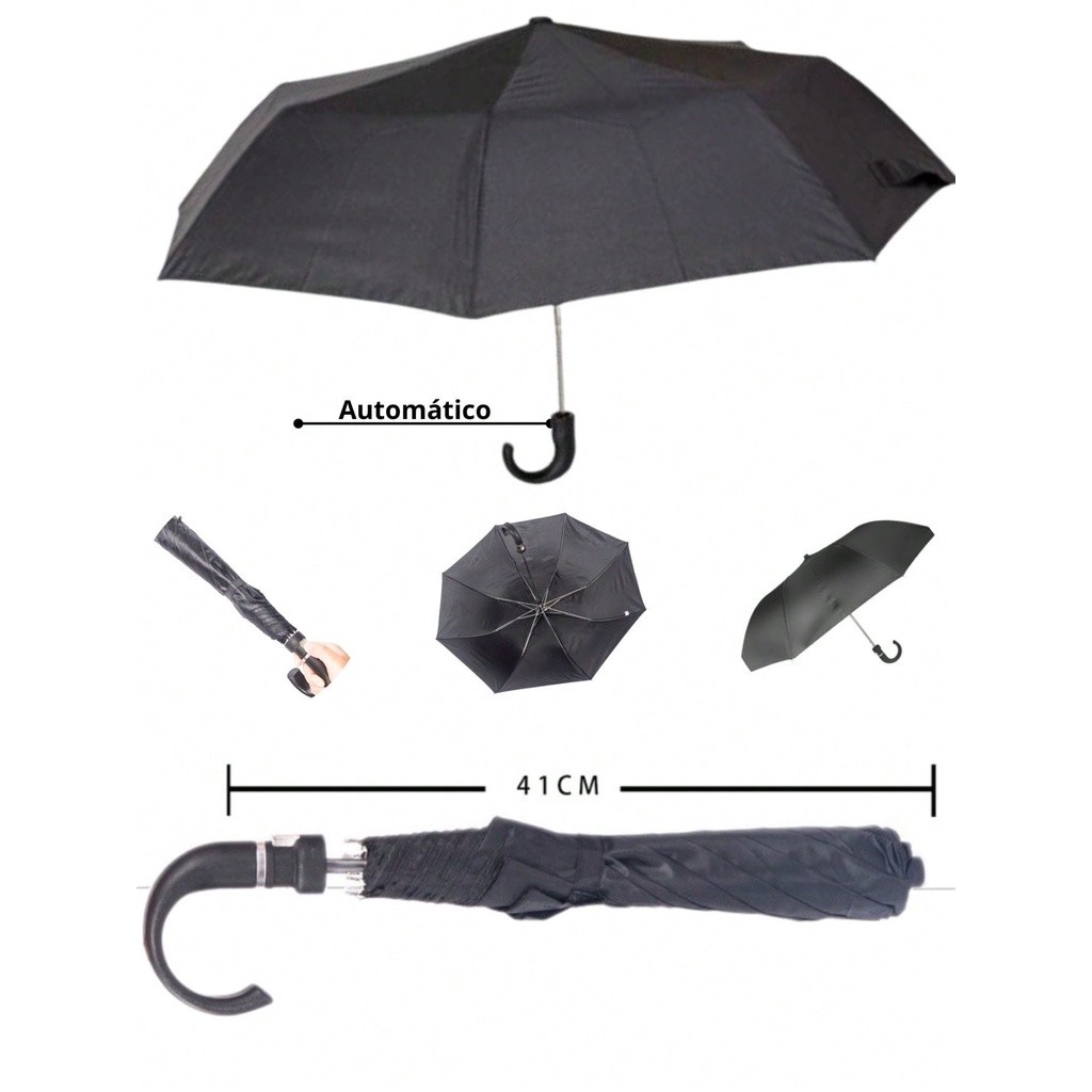 Guarda-Chuva Automático com Cabo Curvado Preto e Prata, Leve e Resistente