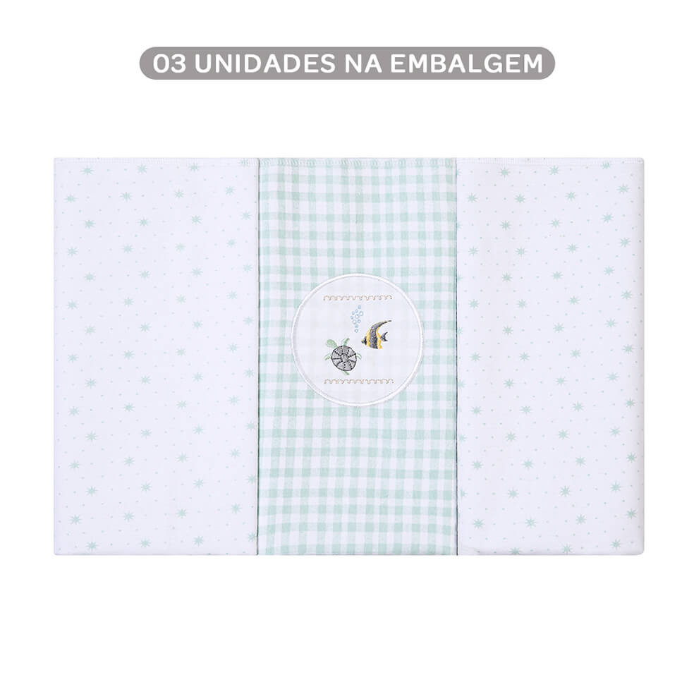 Kit Cueiro Bordados Papi Flanelado Fundo Do Mar - 3 Peças - Mom & Baby