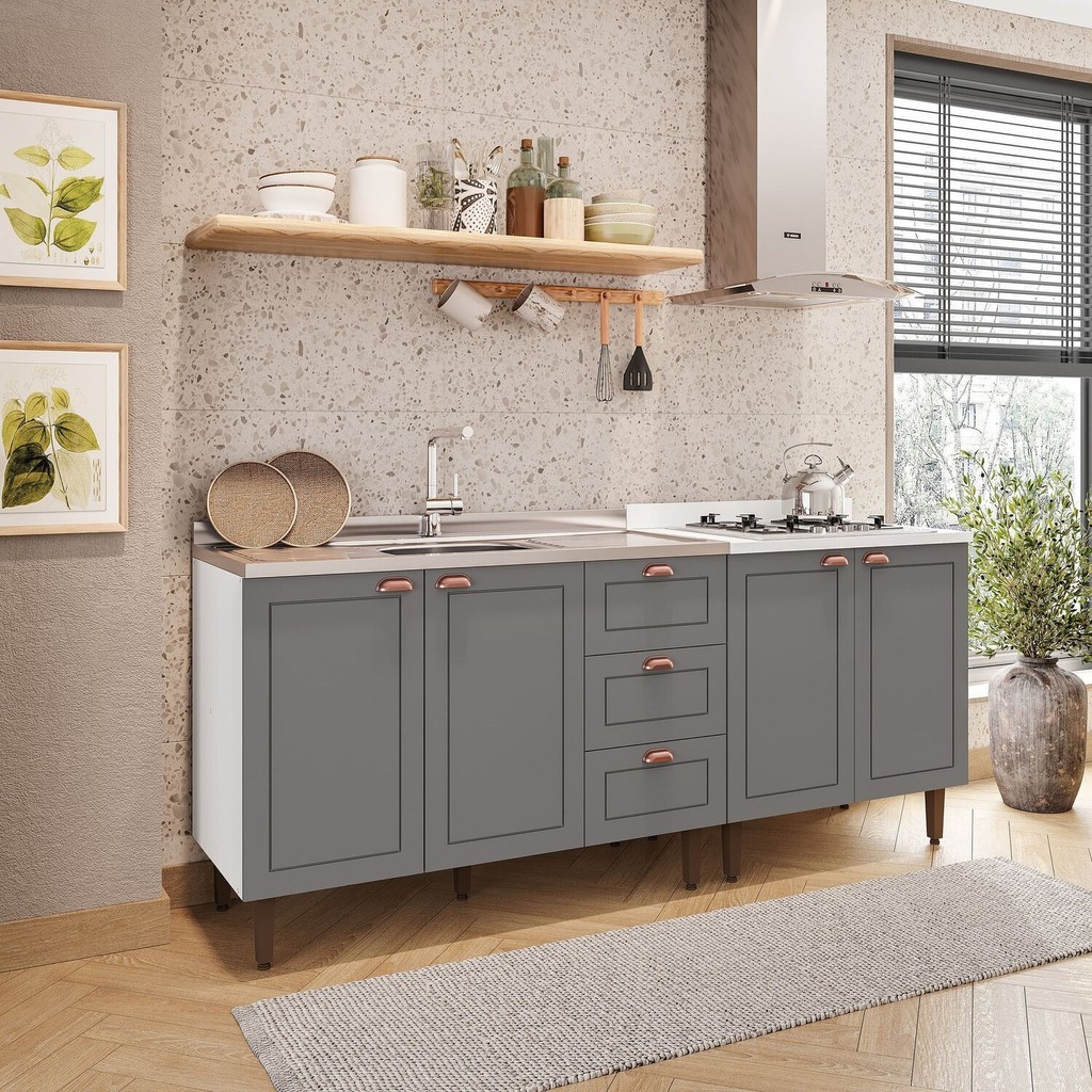 Cozinha Pérola 2 Peças Balcão 2 Gavetas 3 Portas e Balcão 2 Portas Yescasa Branco/Cinza em Oferta na Shopee
