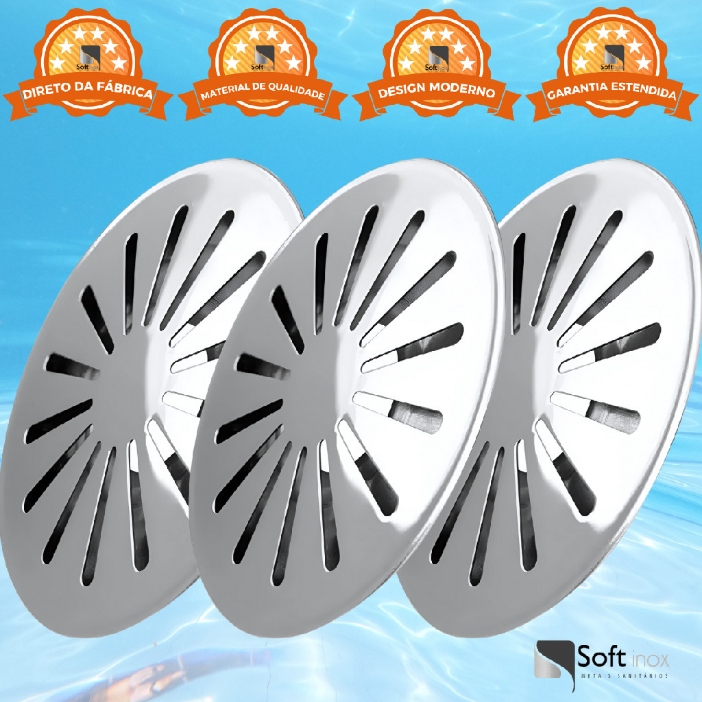 Kit 3 Ralos De Fundo Anti Turbilhão Dreno Em Aço Inox Para Piscinas Encaixe Tubo