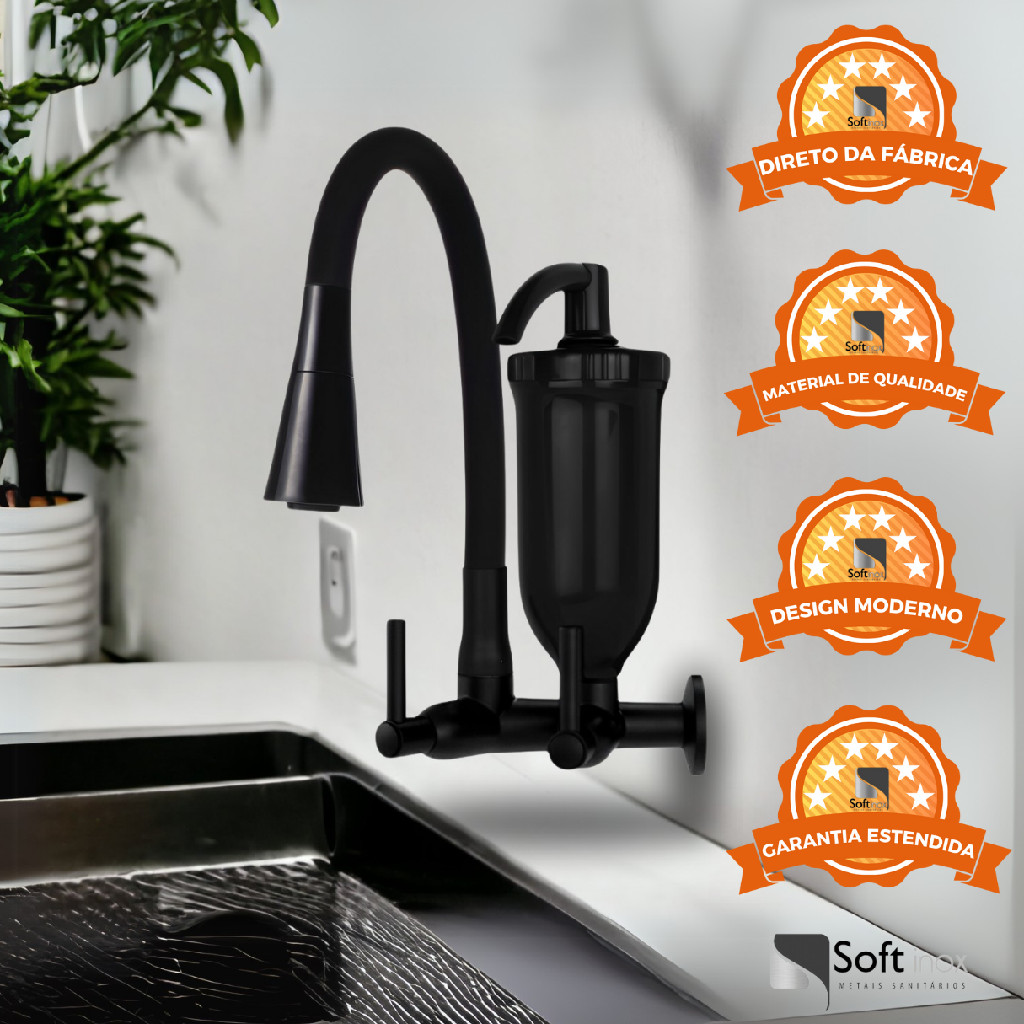 Torneira Filtro Gourmet Flexível Pia Cozinha Parede Toda Preta 2 Jatos