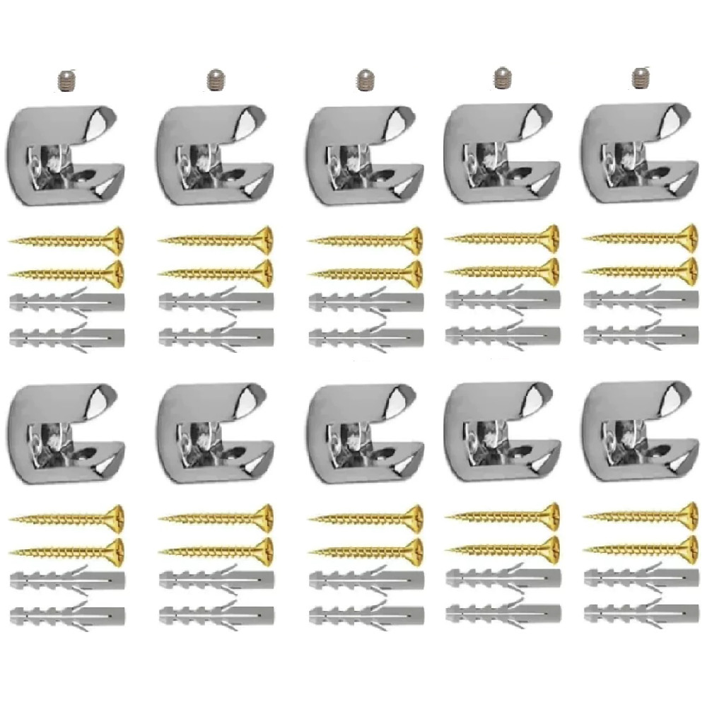 kit 10 Suportes Tipo Fenda 6mm em Zamac com parafusos e buchas para Prateleira de Vidro ou Madeira