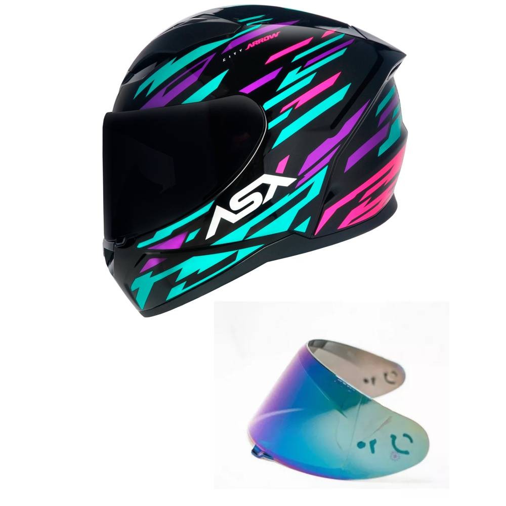Capacete Asx City Arrow Preto Tiffany e Roxo Mais Viseira Camaleão