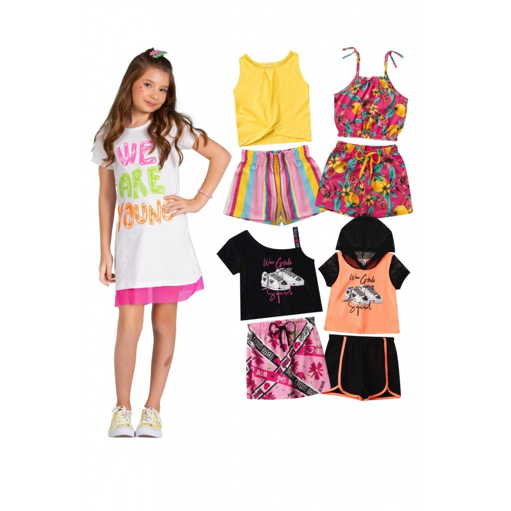 Kit Sortido 8 Peças de Roupas Infantis Feminino Verão- 4 Camisas + 4 Shorts/Saia em Oferta na Shopee