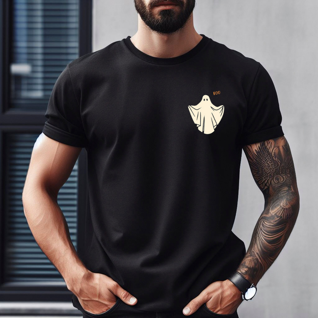 Camiseta Unissex Preta Unisex Estampa Ghost Boo Estampa Desenho Algodão DTF