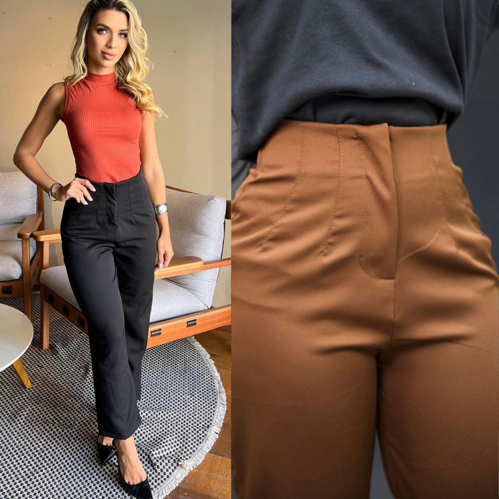 Calça Alfaiataria Zarah Escritorio Feminina Cintura Alta Com ziper Calça para trabalho em Oferta na Shopee