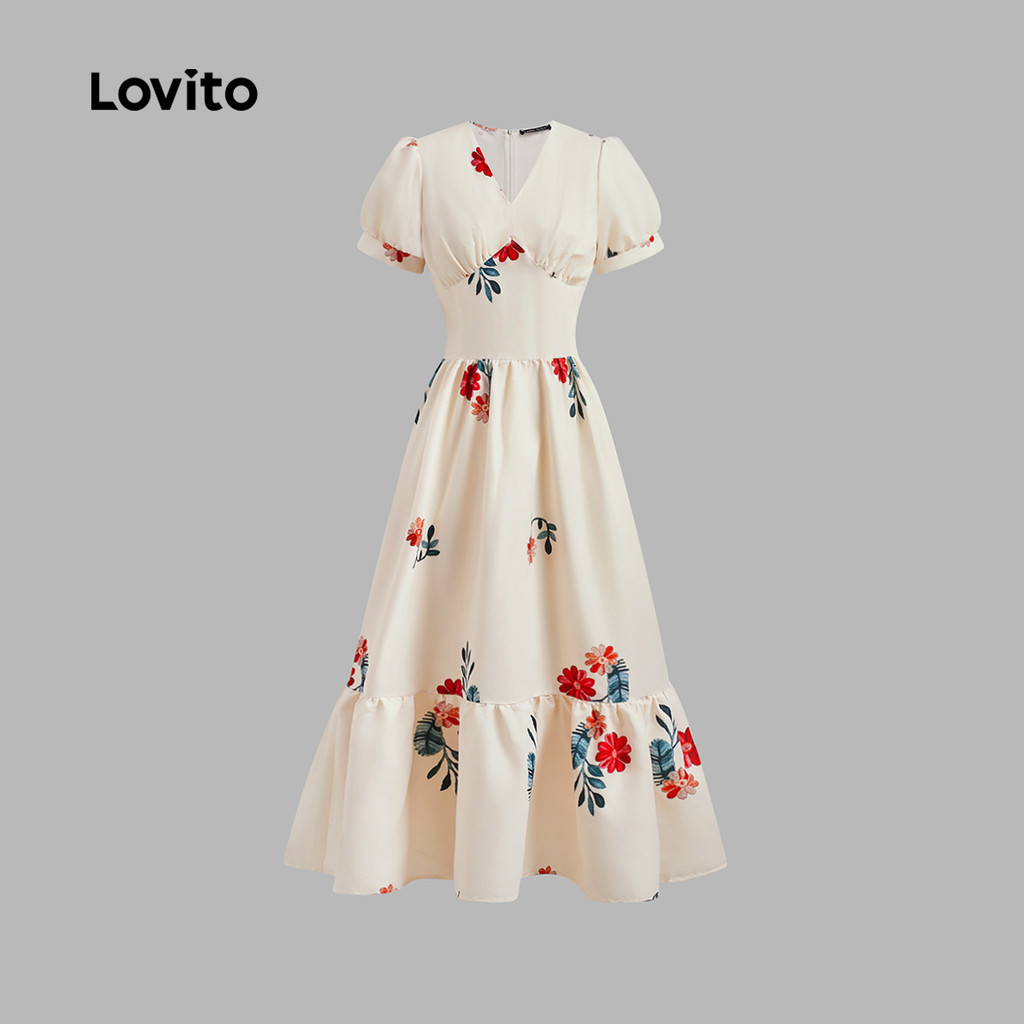 Detalhes do Lovito Vestido Boho Padrão Floral Vestido Verão/Primavera Para Mulheres L124AD343