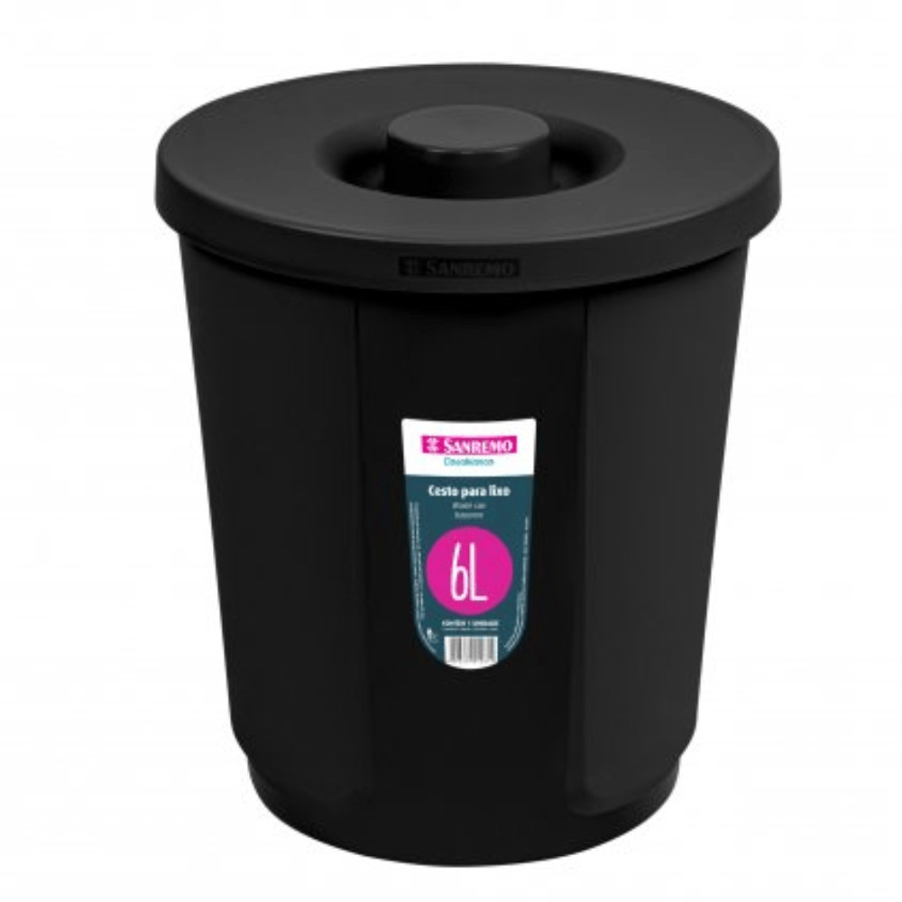 Lixeira com Tampa 6l Redonda Preta - SANREMO - Home & Living