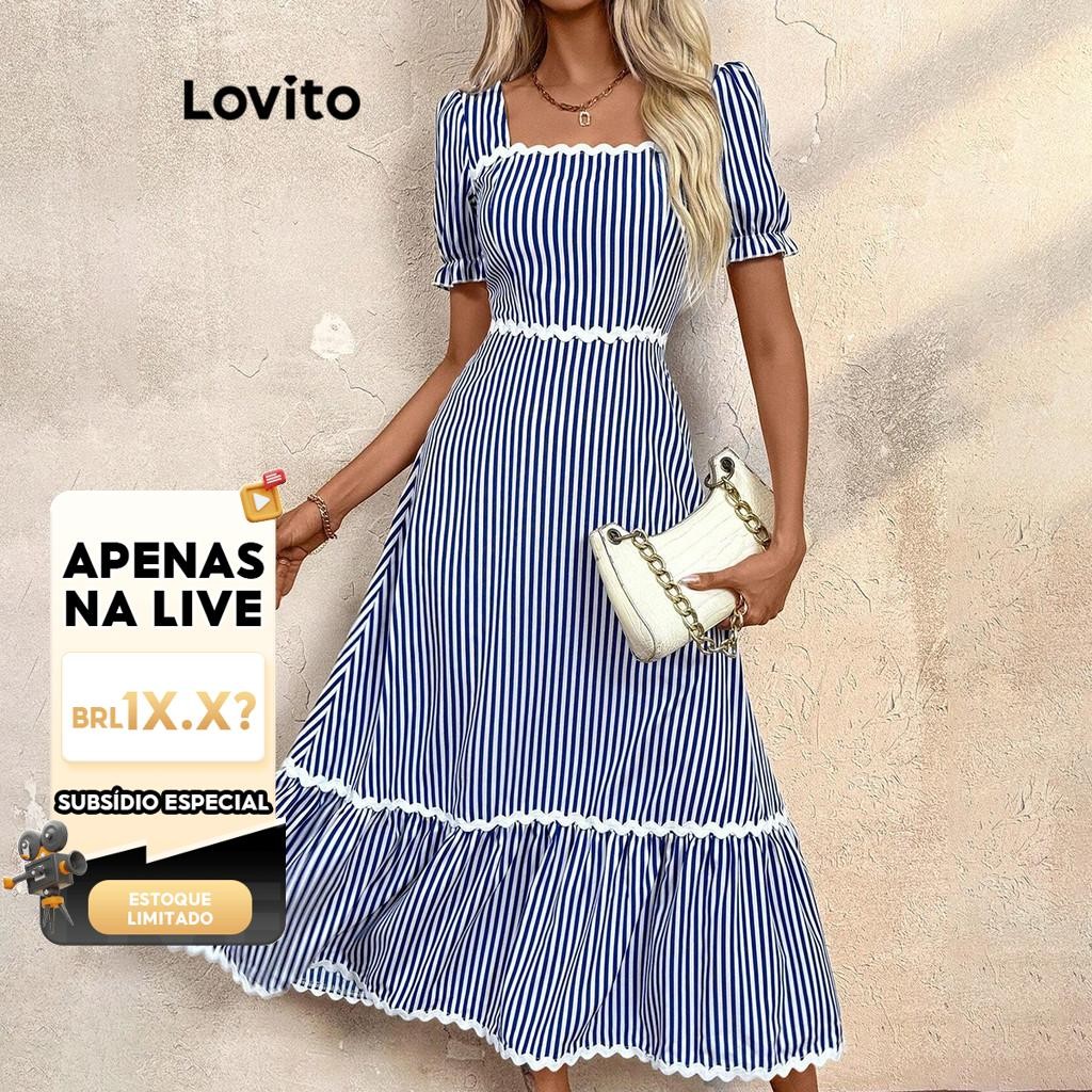 (LIVE STREAM SALE) Lovito Boho Listrado Contraste Fita Estrutura Linha Puff Mangas Vestido para Mulheres LBL16576 em Oferta na Shopee