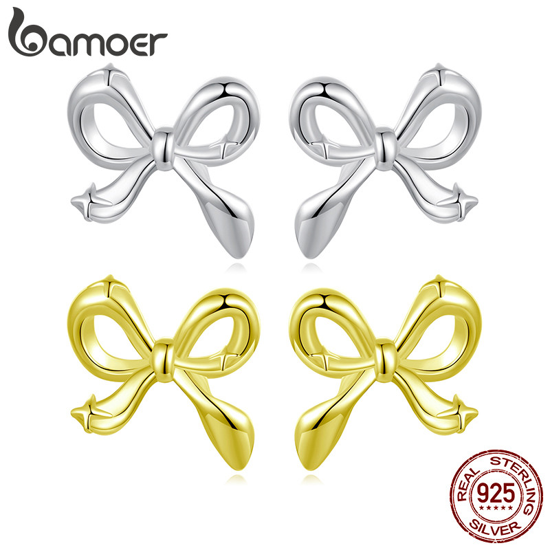 Bamoer 925 Sterling Sliver Stud Brincos Bow-Nó Design Joias Presentes Para Mulheres