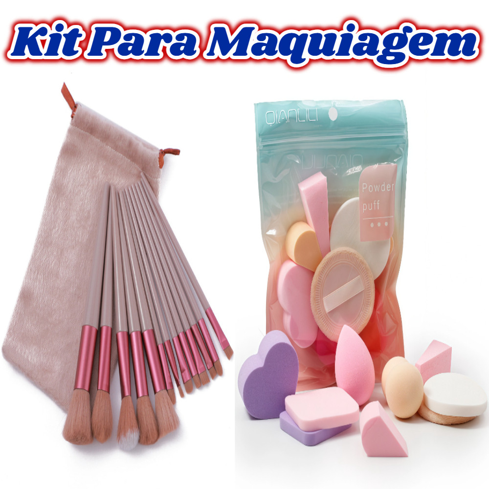 Kit 13 Pinceis+9 Pçs Esponjas Diversas Para Maquiagens/Pó Contorno Base e Blush Kit Completo