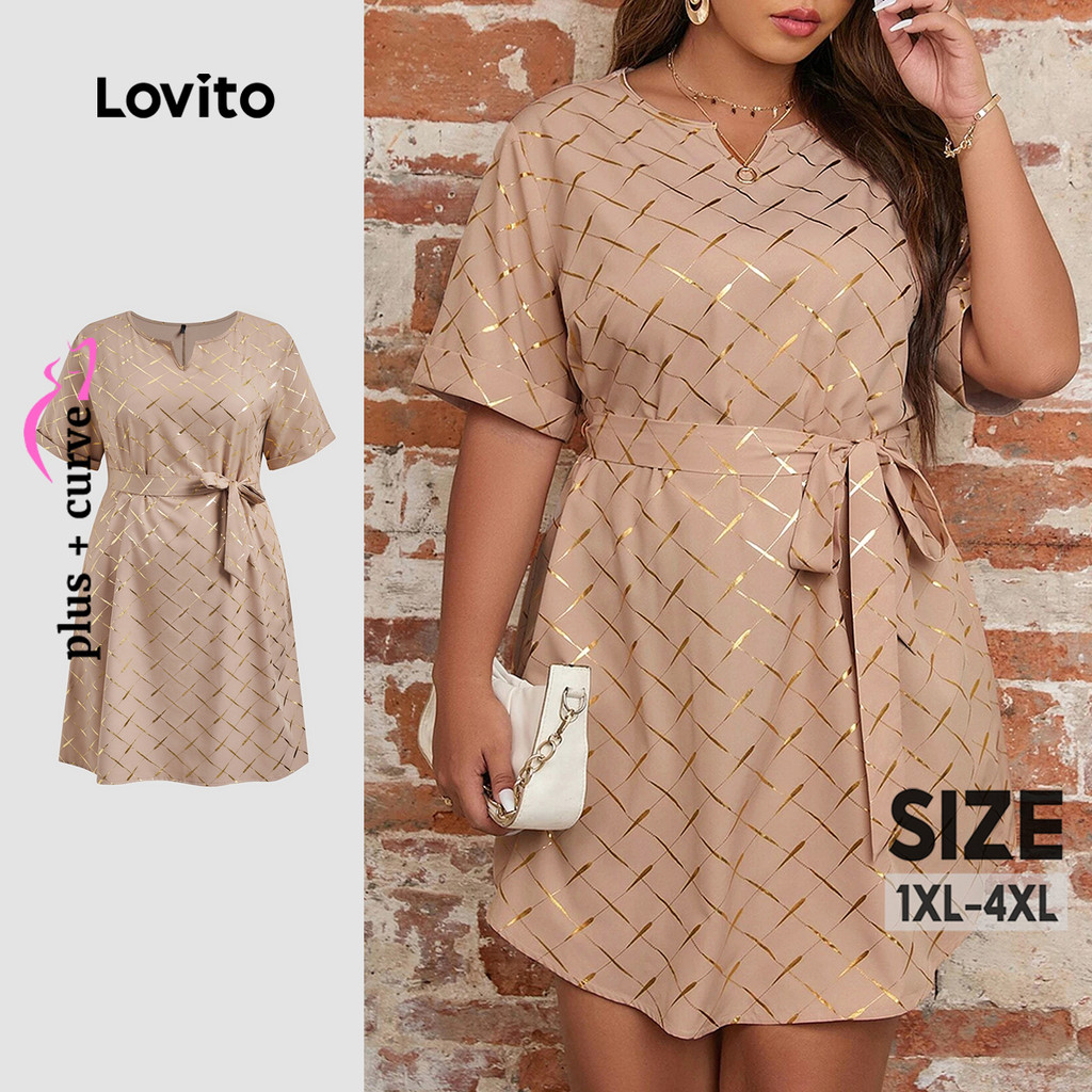 Lovito Vestido Casual Curva Plus Size, Textura Geométrica, Cinto De Metal, Verão/Primavera, Para Mulheres LBL23793 - Women Clothes