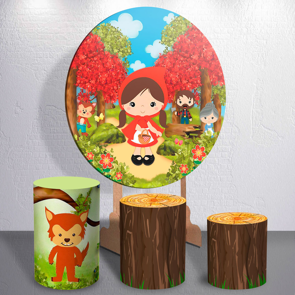 Painel De Festa Redondo Com Capas Para Trio Cilindro Infantil Menina Floresta Tema Chaperzinho e o Lobo
