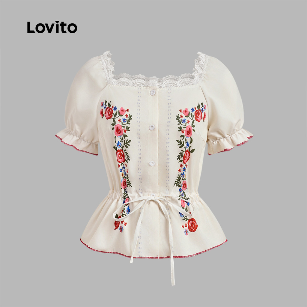 Detalhes do Lovito Refine Blusa Boho de Renda com Amarração Contraste e Pregas Primavera/verão Branca para Mulheres LBL28137