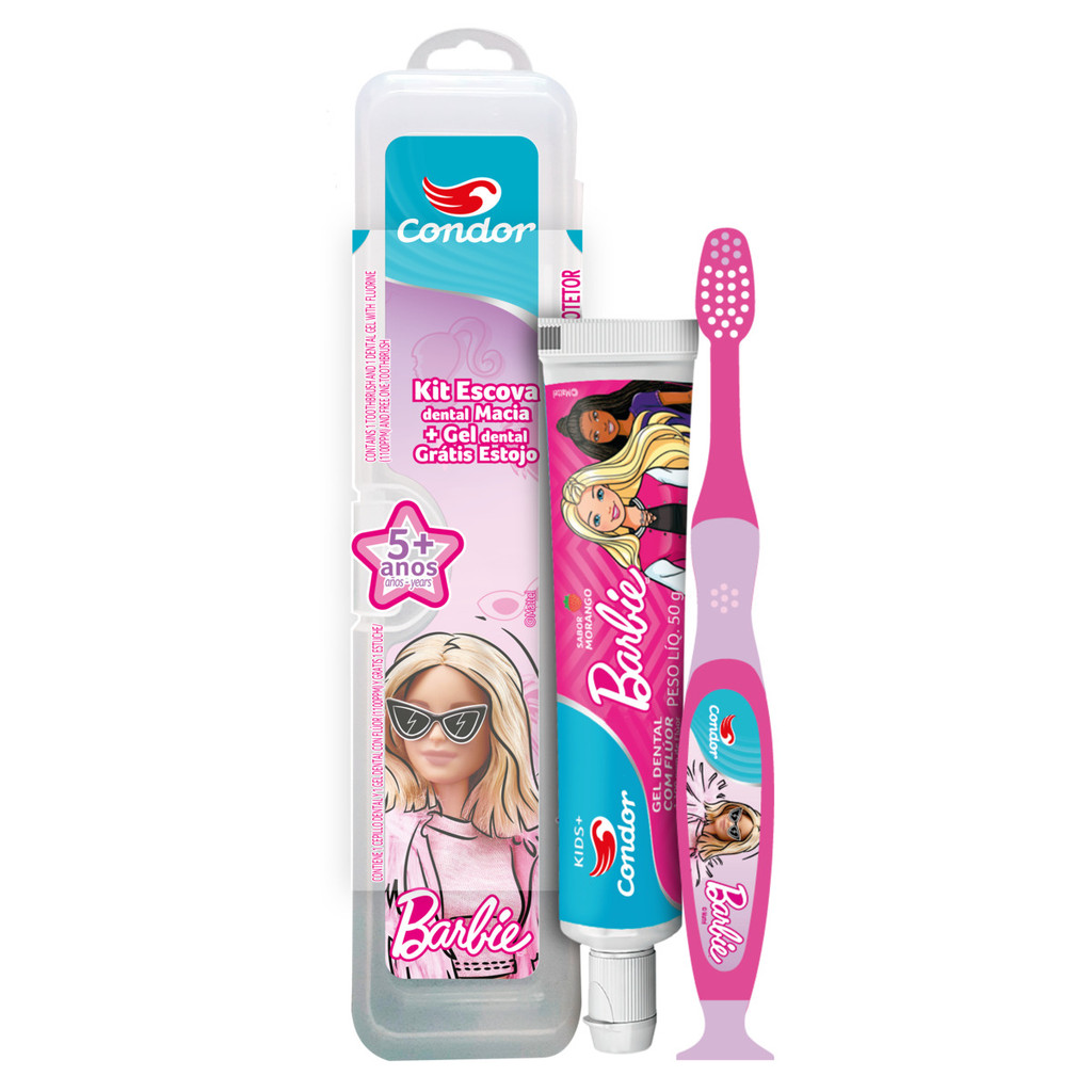 Kit Escova Macia + Gel Dental Morango - Barbie + Estojo