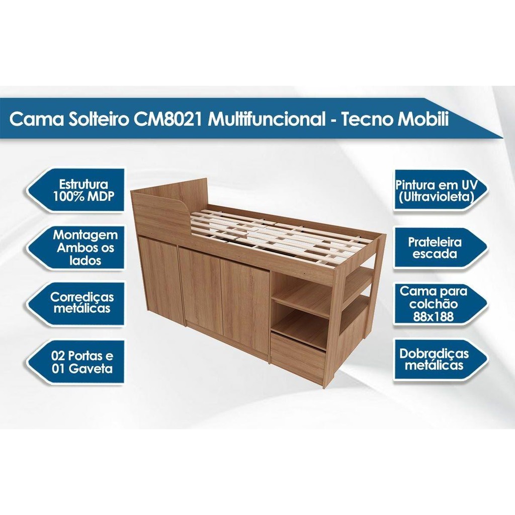 Detalhes do Cama Solteiro CM8021 Multifuncional c/ Escrivaninha Branco - Tecno Mobili