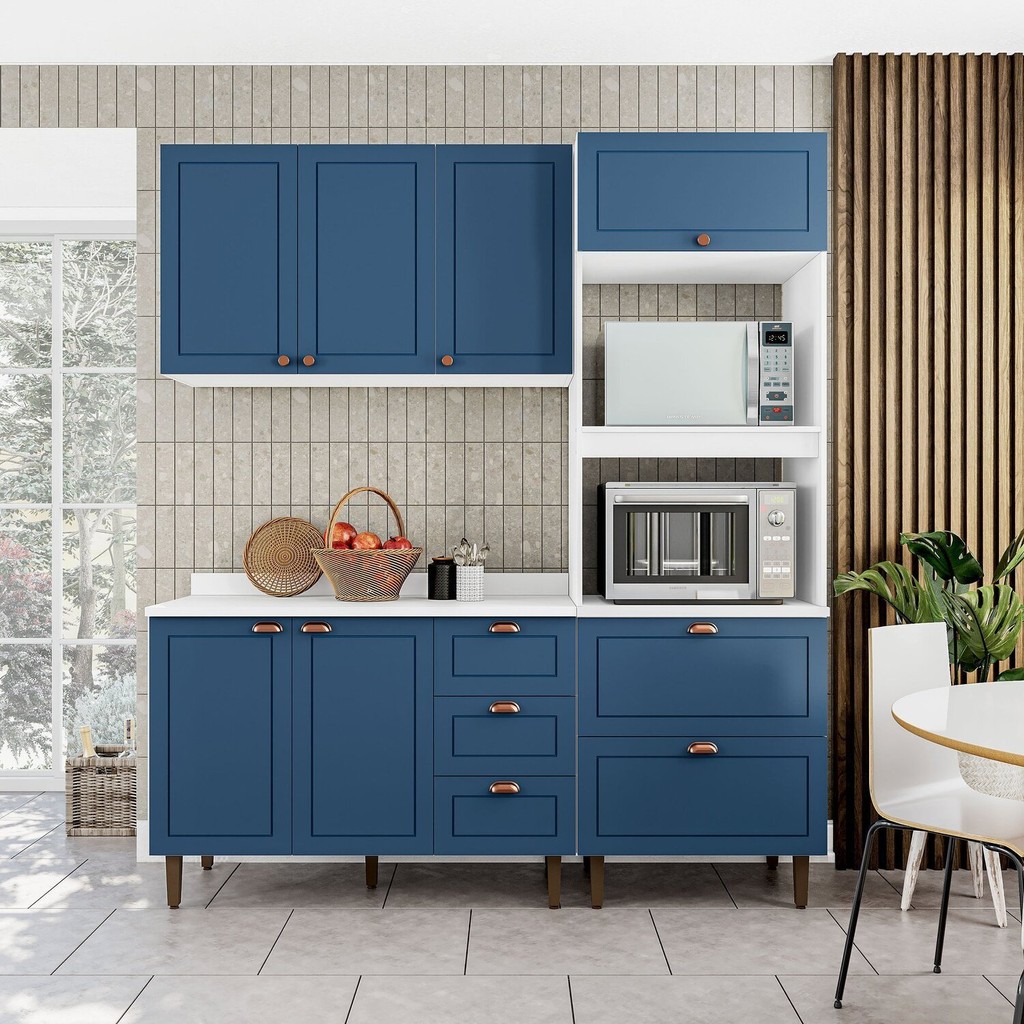 Cozinha Pérola com Tampo Completa 3 Peças Aéreo 3 Portas e Balcão 2 Gavetas 3 Portas e Torre Quente  Azul em Oferta na Shopee