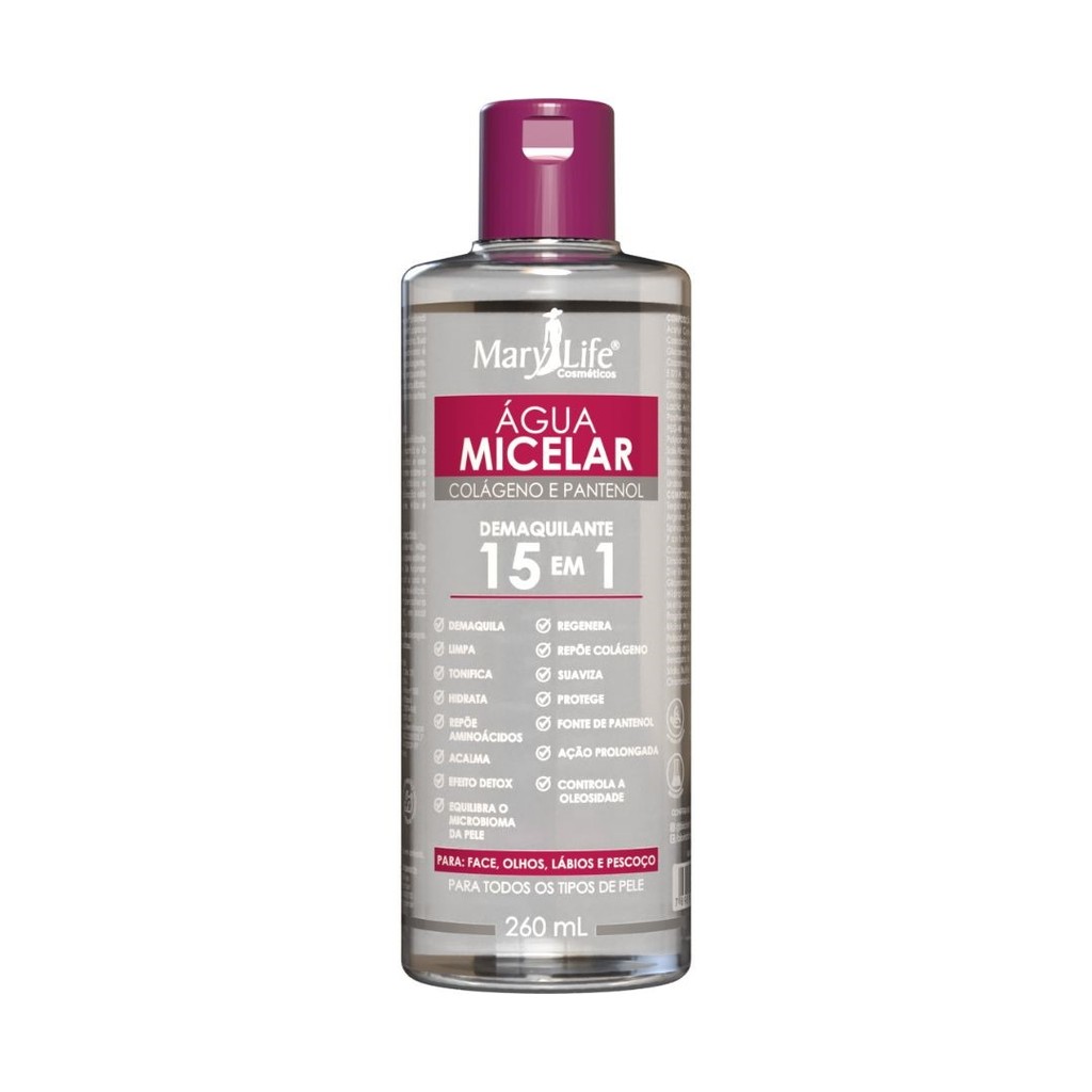 Água Micelar Colágeno e Pantenol Demaquilante 15 em 1 – Mary Life