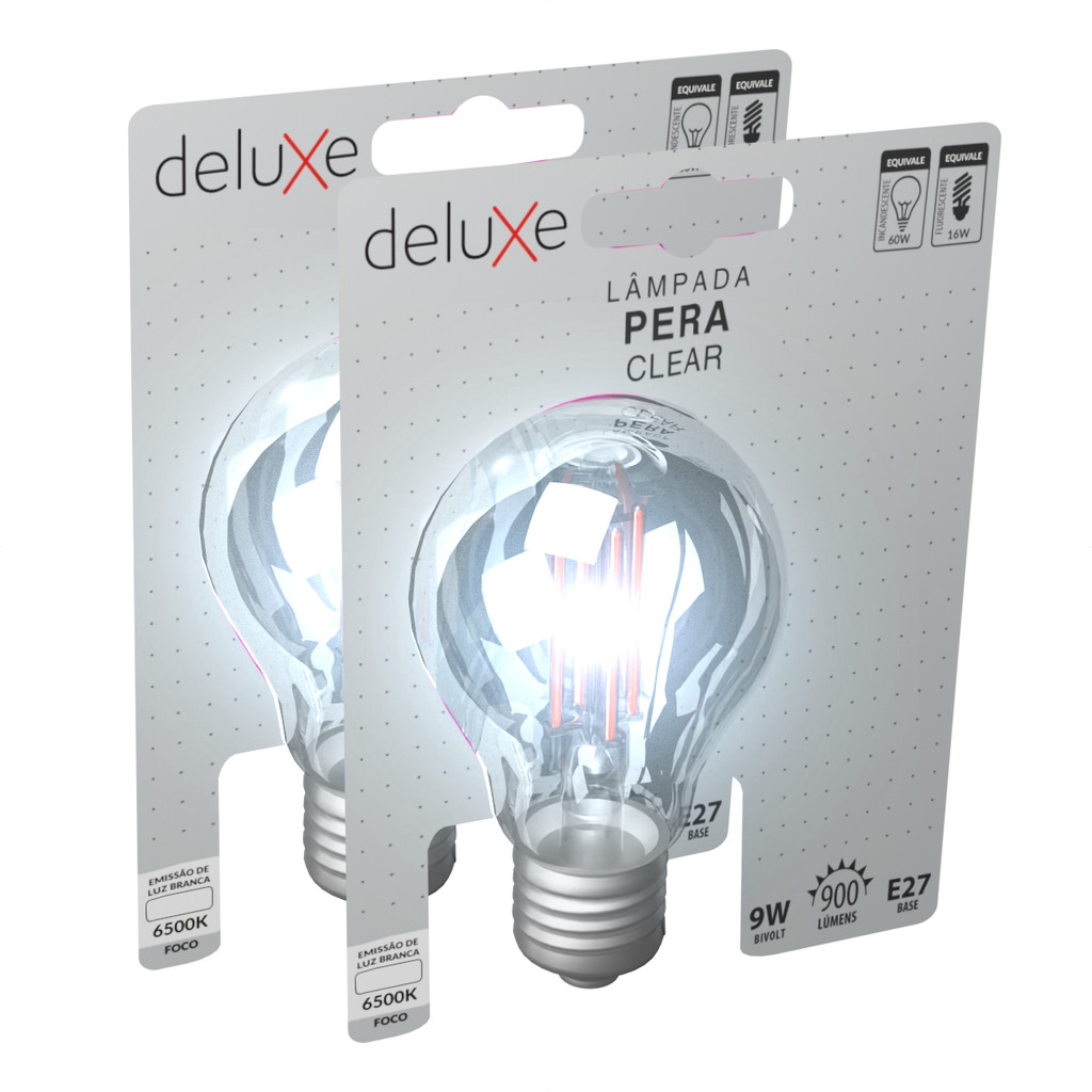 Kit 2 Lampada Led Pera Filamento Clear 9W 6500K E27 Deluxe em Oferta na Shopee