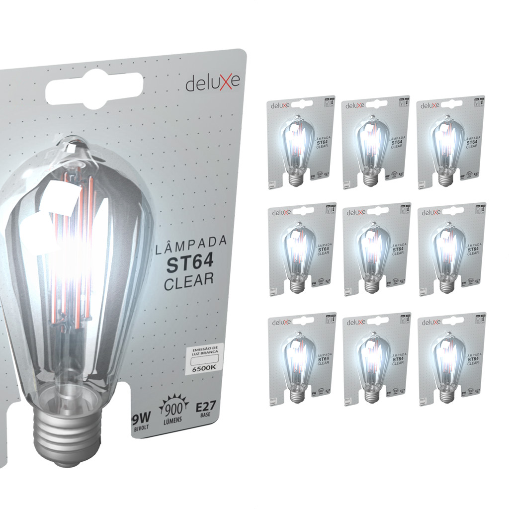 Kit 10 Lampadas Led ST64 Clear 9w 6500k Branco Frio E27 110v/220v Ip20 Cod: 352211370-10 Deluxe By Avant em Oferta na Shopee