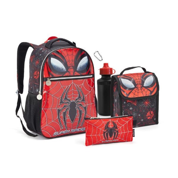 Kit Mochila Costas 4 Itens Spider Teia Aranha Escolar Menino