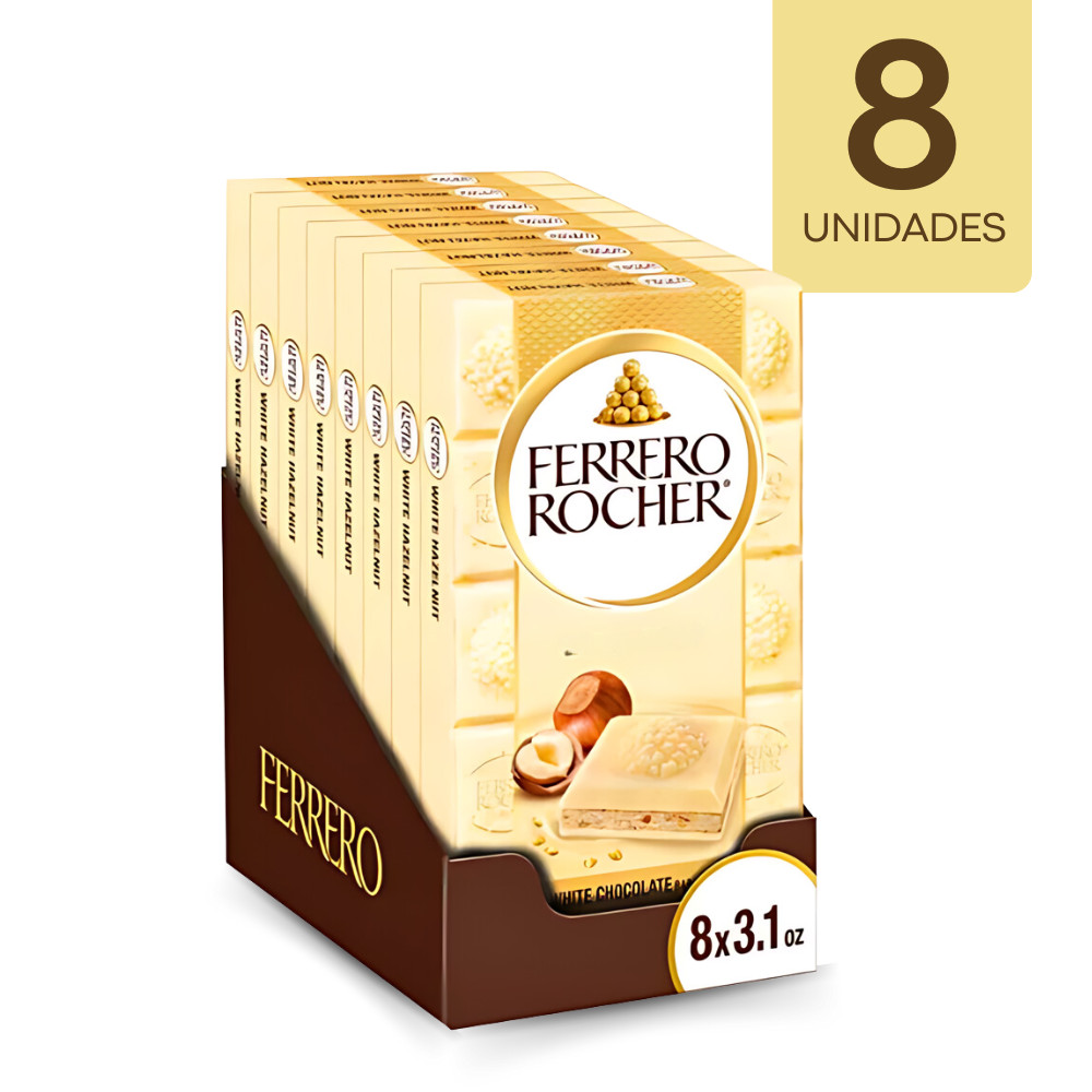 Kit 8 Barras De Chocolate Branco Ferrero Rocher 90g Avelã Recheado Gourmet Saboroso Crocante Aveludado Receitas