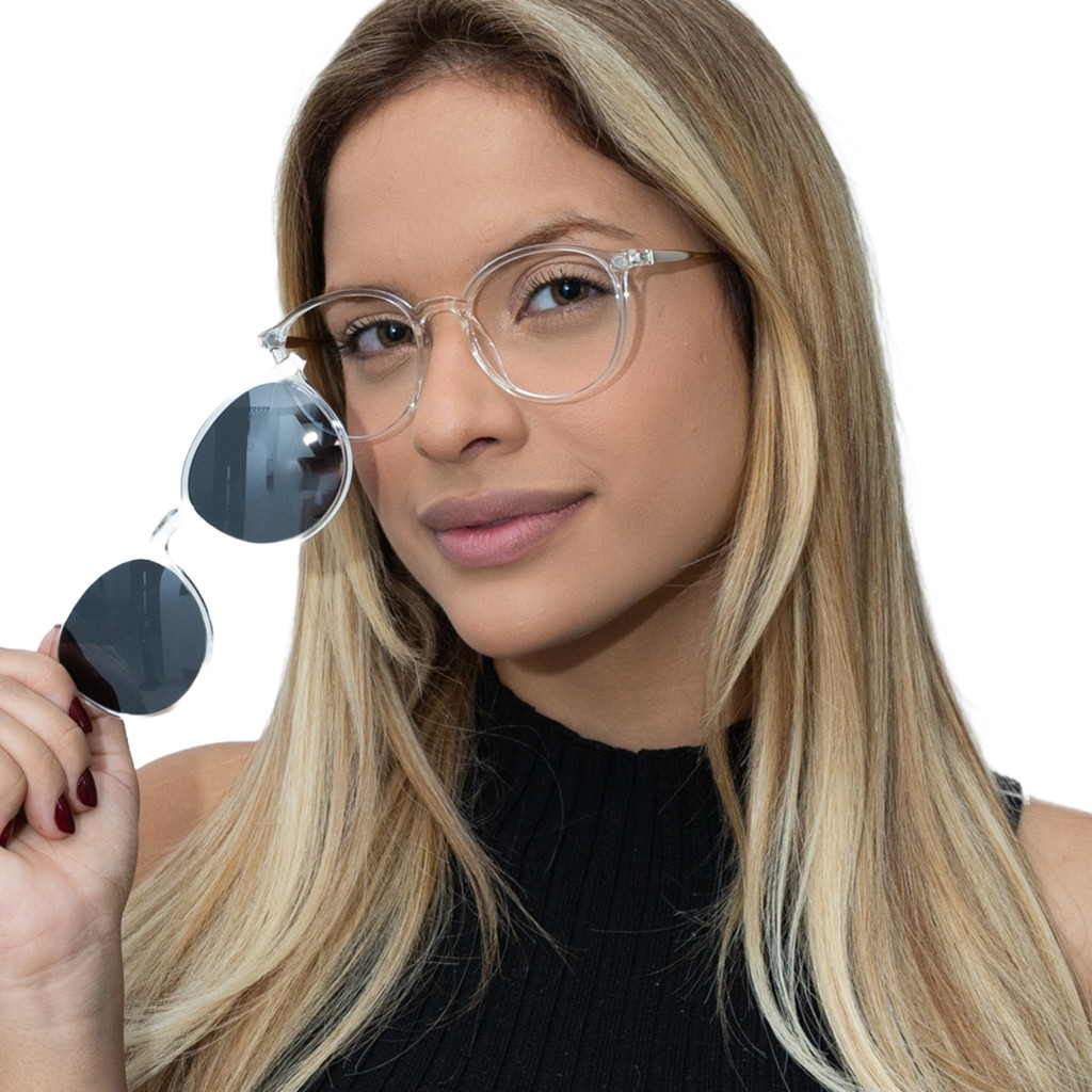 Armação De Óculos Feminino Para Grau Leve Flexivel Redondo + Clipon Polarizado Cf468 em Oferta na Shopee