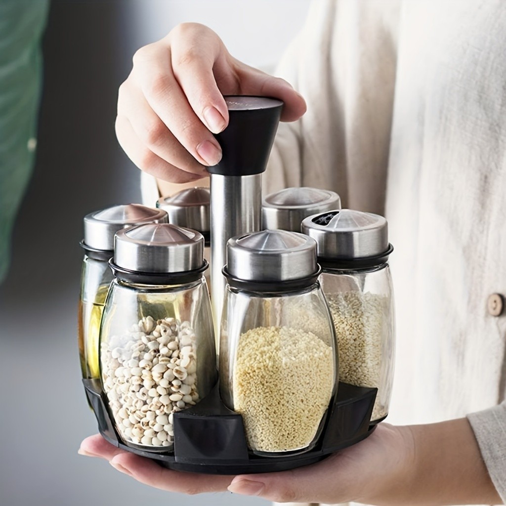 Porta Tempero Giratório Especiarias Inox Com 7 Peças Para Cozinha Pote de Vidro Para Tempe...