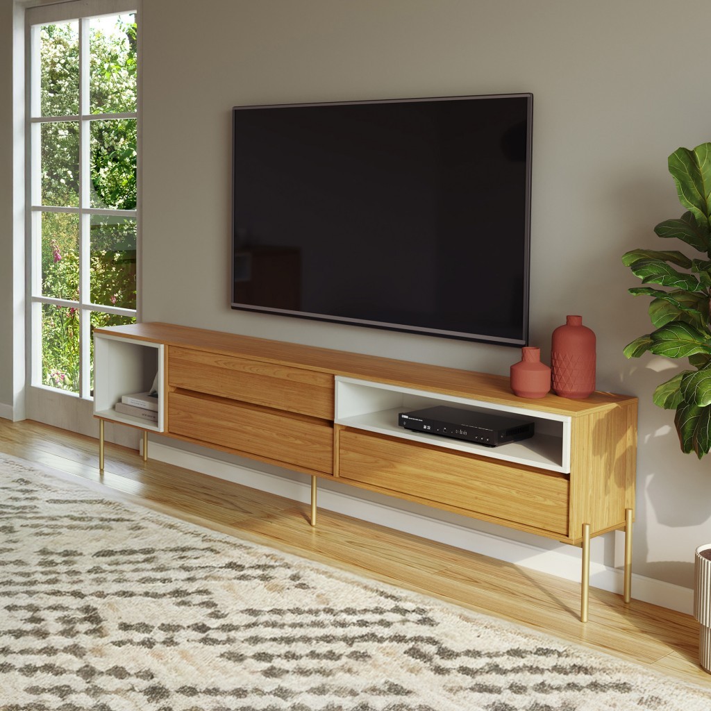 Rack 224cm Florença 3 Gavetas e 2 Nichos Freijó/Off White - Dalla Costa em Oferta na Shopee