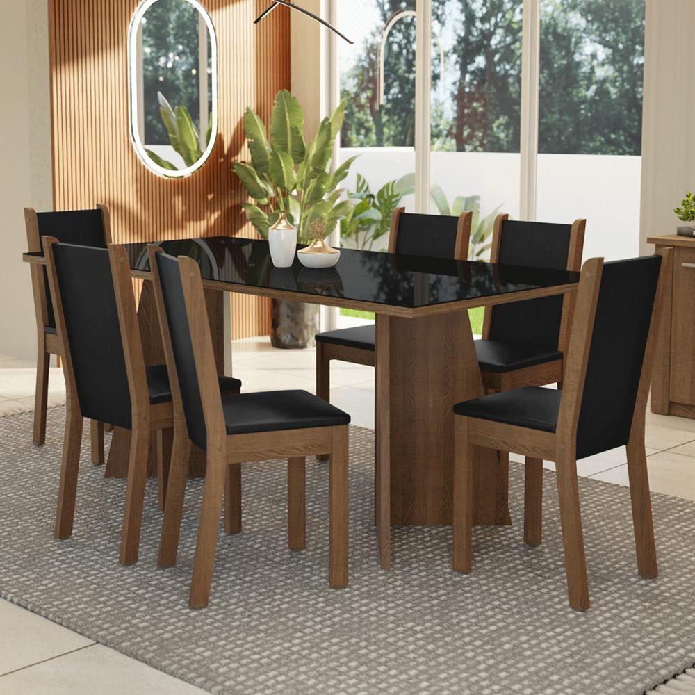 Conjunto Sala de Jantar Mesa Tampo de Vidro 6 Cadeiras Rustic/Preto Viola Madesa