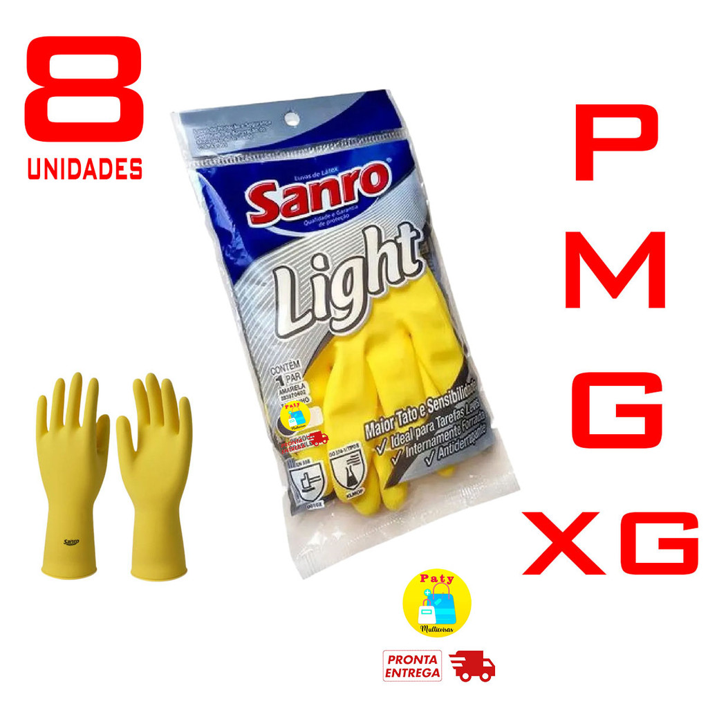 Kit 1 a 8 Luva limpeza multiuso latex borracha sanro light P M G XG amarela