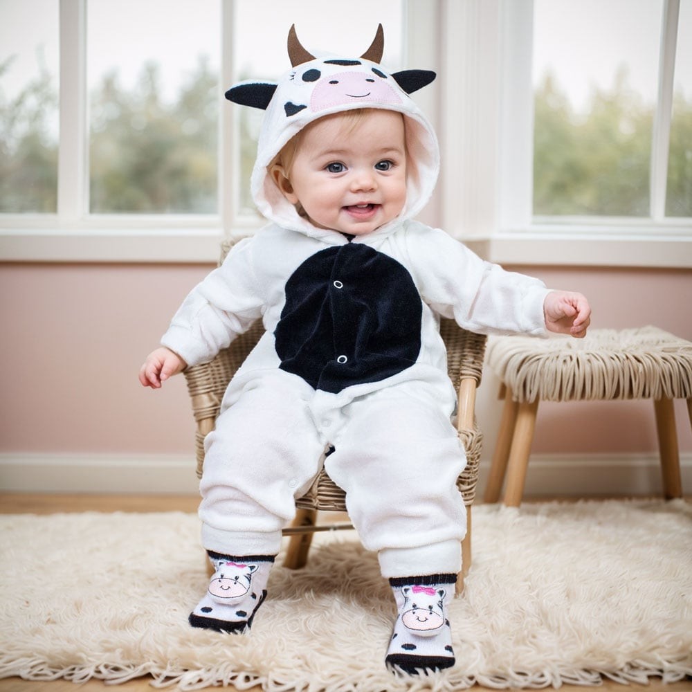 Conjunto Macacão Vaquinha Com Capuz E Pantufa 3d Interativa