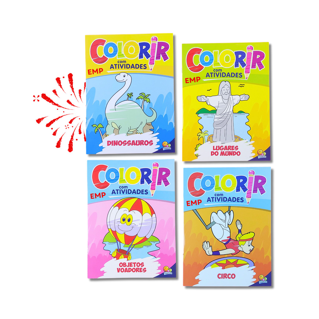 Kit Infantil 4 Livros de Colorir com Atividades (Objetos Voadores, Dinossauros, Lugares do Mundo, Circo)