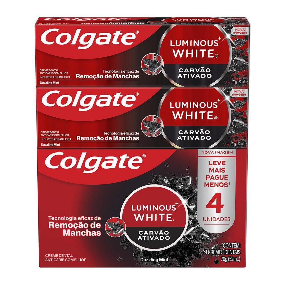 Creme Dental Colgate Luminous White Carvão Ativado 4un de 70g em Oferta na Shopee