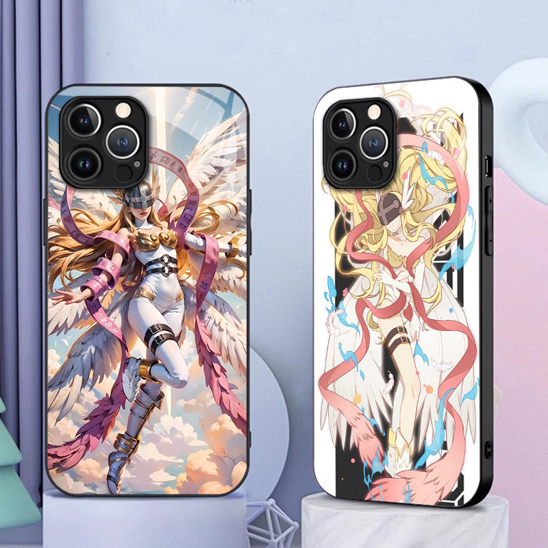 Digimon Anjo Vidro Caso De Telefone Para IPhone 16 15 14 13 12 11 Pro XR XS Max Plus Mini X 8 7 6s SE2/3 Capa