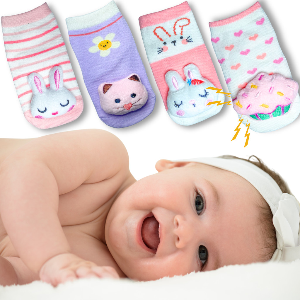 Kit 4 Pares Meia Chocalho Menina Presente para Bebê e Recém Nascida 0-2 anos