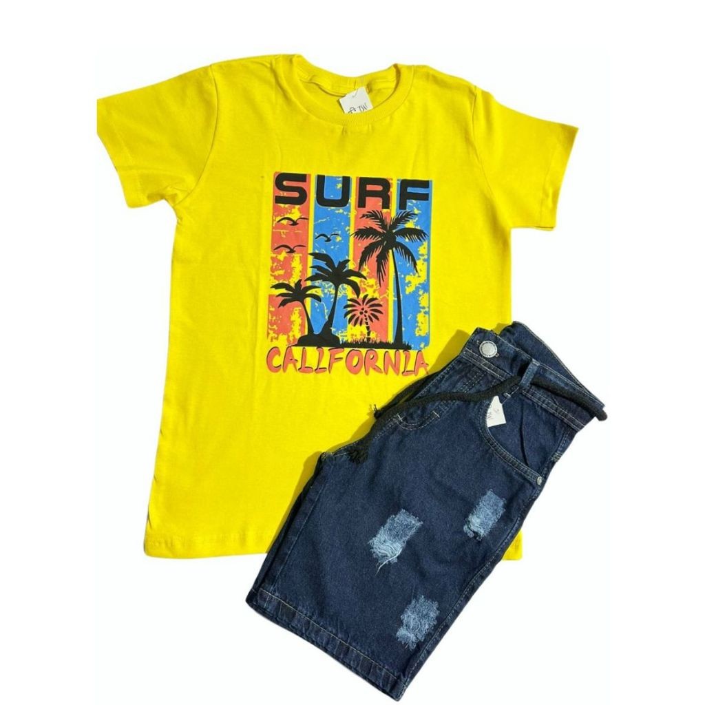 Conjunto Camisa Masculinas Menino Manga Curta + Bermuda Jeans menino – Juvenil 10 a 16 Anos