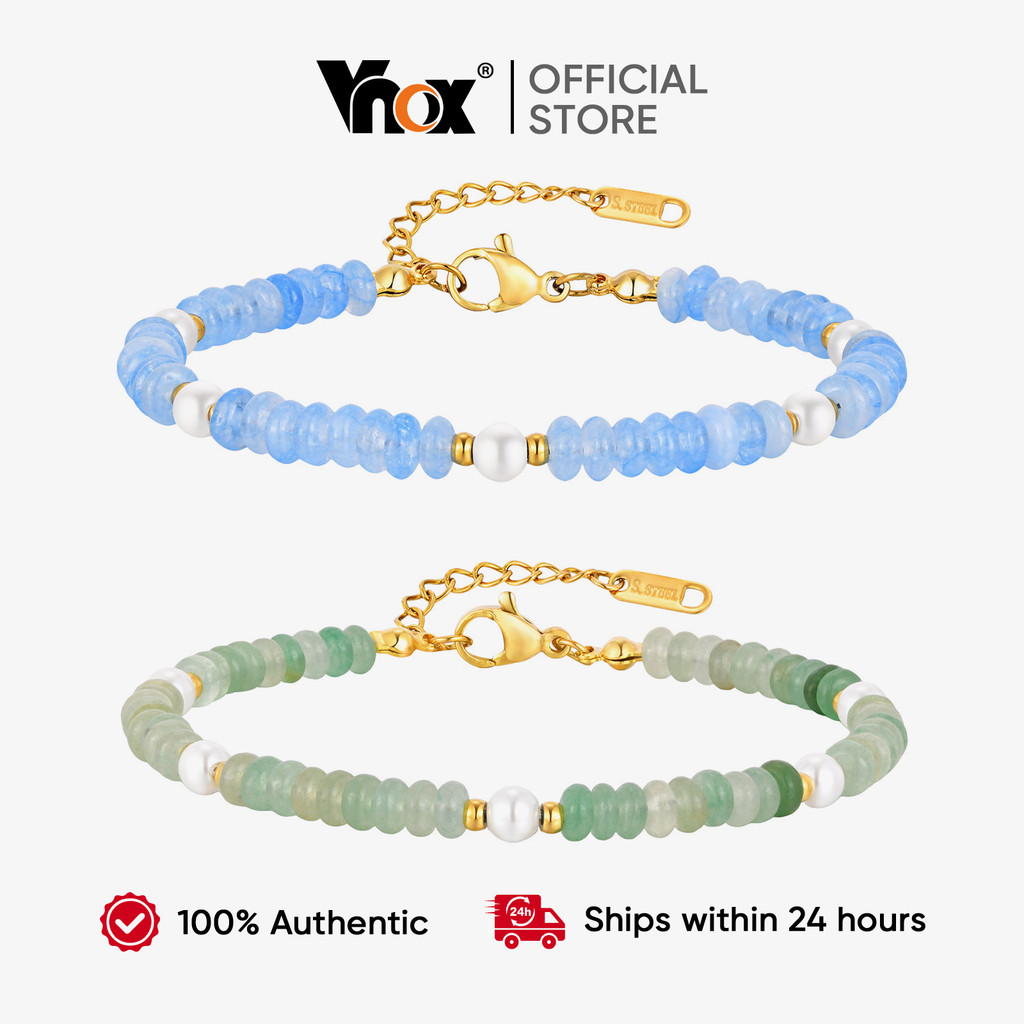 Vnox Pérola Azul Verde Cristal Natural Frisado Pulseira Feminina Meninas , Artesanal Ajustável Não Desbotamento Jóias Pr