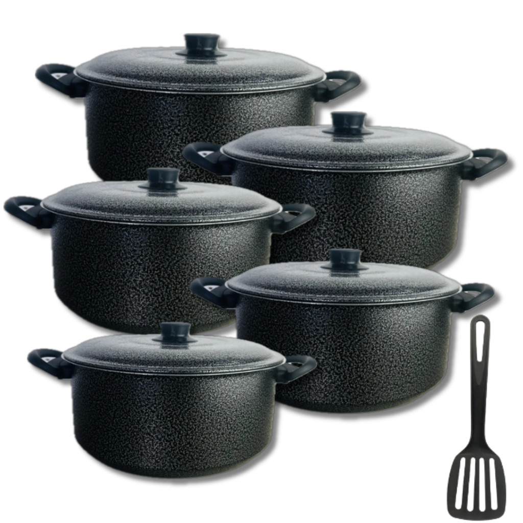 Jogo de  Caçarolas Panelas 5 peças em Alumínio Grosso na Cor PRETO CRAQUEADO, 1 ESPÁTULA em Oferta na Shopee
